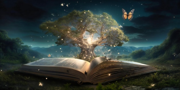 宇宙のコンセプトアートに木と蝶が描かれた本