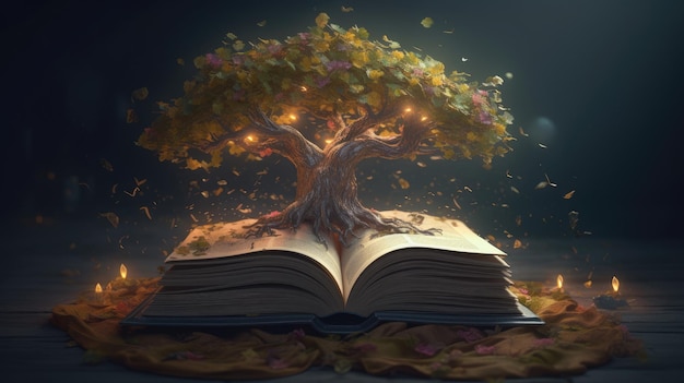 A book with a tree growing out of it