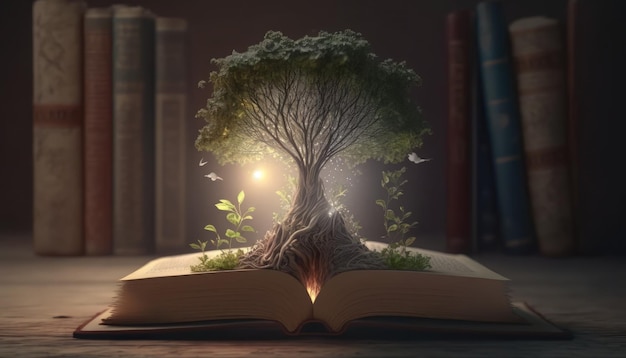 A book with a tree growing out of it