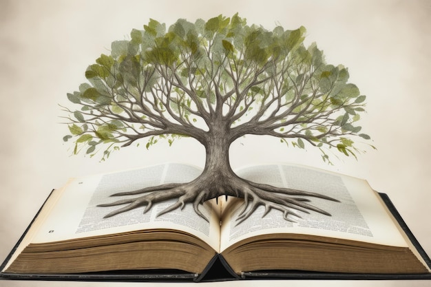 A book with a tree growing out of it