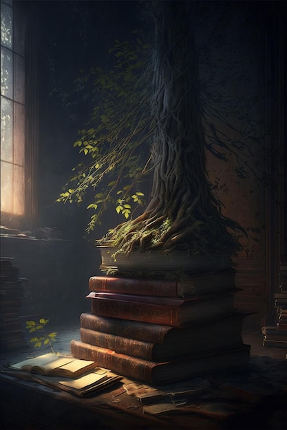 A book with a tree growing out of it