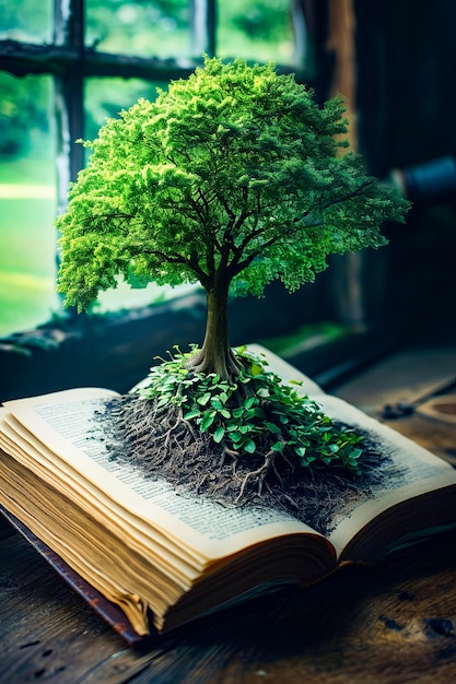 Foto il libro con l'albero dentro è seduto sul tavolo