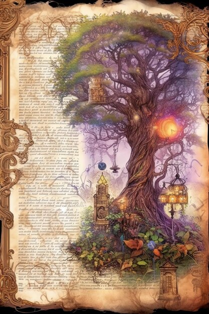 a book with a tree and a lantern on the page.