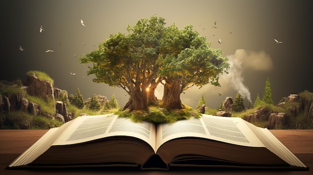 a book with a tree on the top and a tree on the top of it.