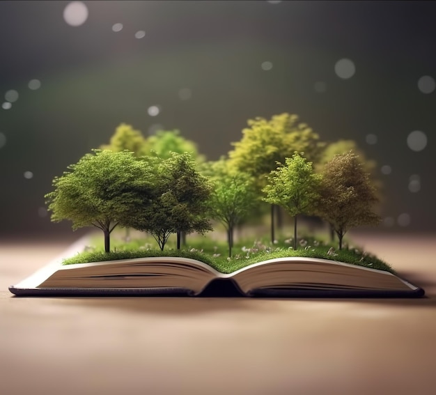 A book with trees on it that is open to the word forest