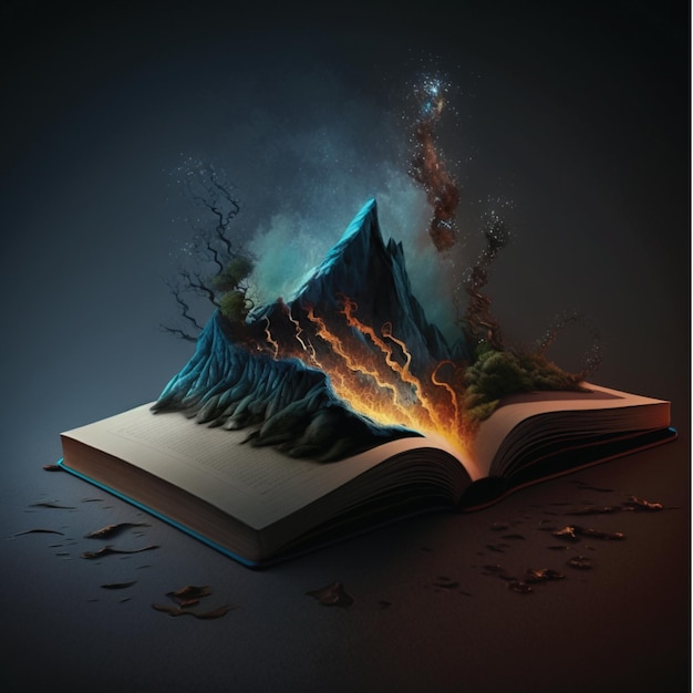 A book with a volcano on it that is open to the ground.
