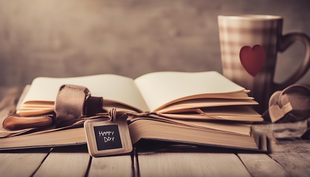 Foto un libro con un orologio su di esso e un libro con una targhetta che dice piccolo cane felice su di esso