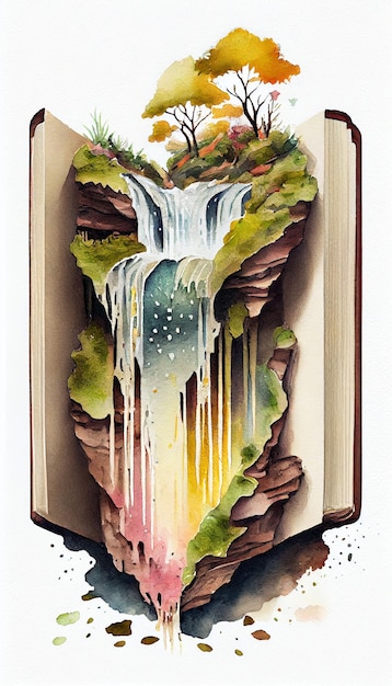 A book with a waterfall on it