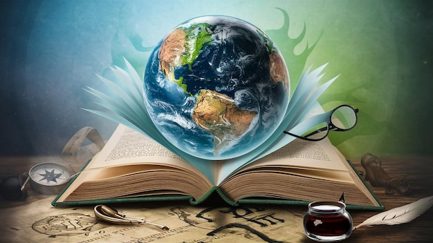 a book with a world on it and a magnifying glass in the middle