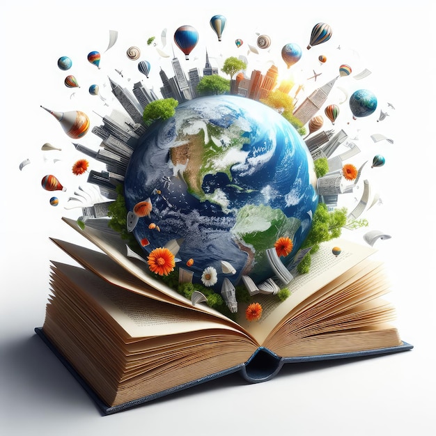 a book with a world map and the earth on it