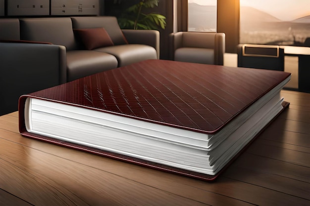 A book on a wooden table in a living room with a couch and a coffee table.