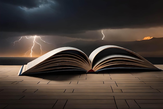 A book on a wooden table with a storm in the background