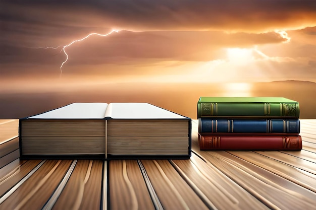 A book on a wooden table with a stormy sky in the background