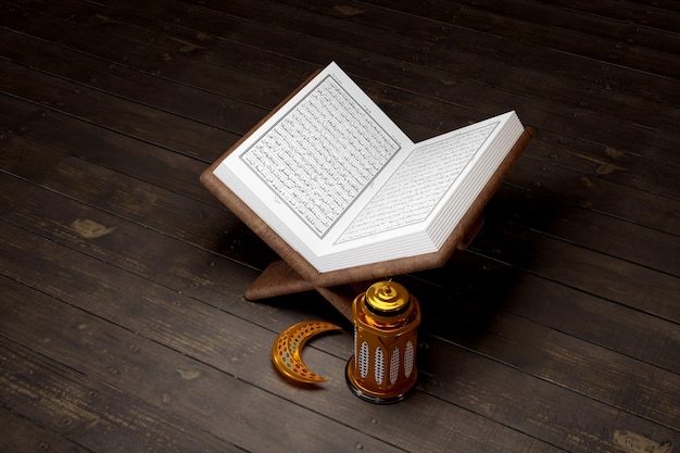 Photo a book on a wooden table with the word ramadan on it