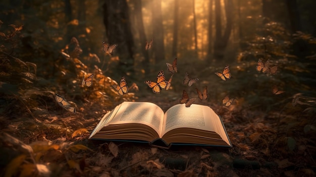 Photo a book in the woods with butterflies flying around it