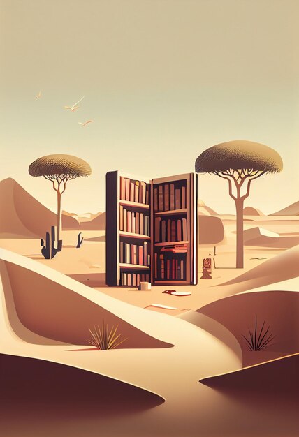 A bookcase is in the desert and the word library is on the wall.