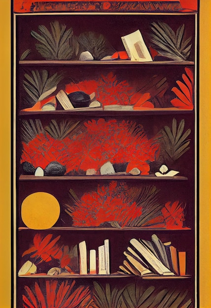 Bookcase with black rocks and old books arrangement Generative Ai