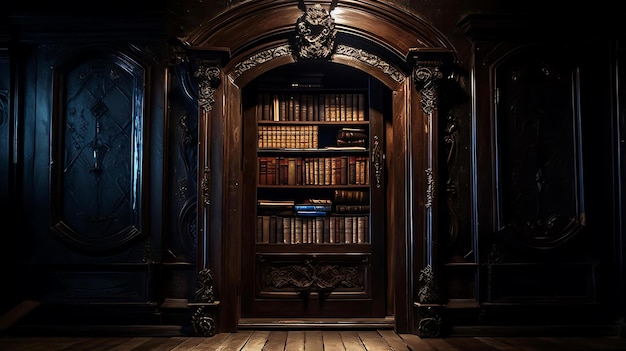 A bookcase with a blue book on the front