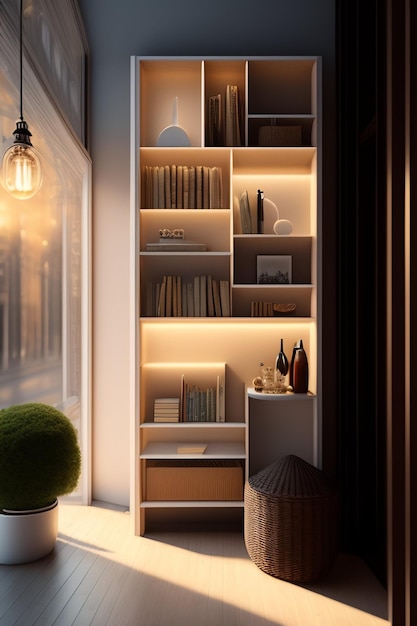 A bookcase with books on it and a lamp on the wall.