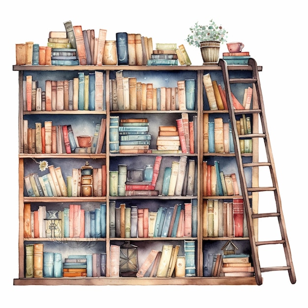 A bookcase with books on it and a pot of flowers on the top.