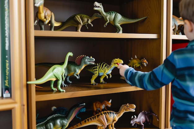 Foto libreria con figurine di dino bambino che ne sceglie una