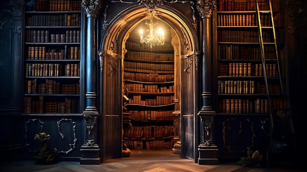 A bookcase with a light on the top