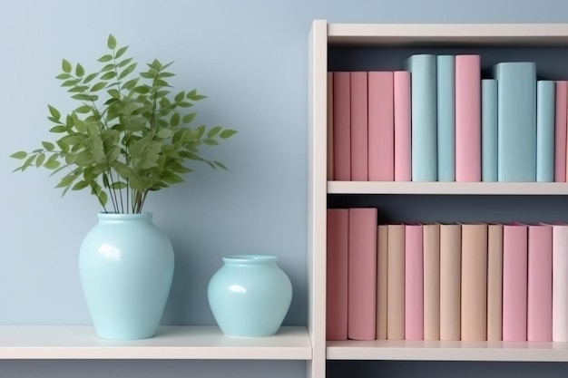 Фото Книжный шкаф с розовыми и синими книгами растение в горшке белый интерьер