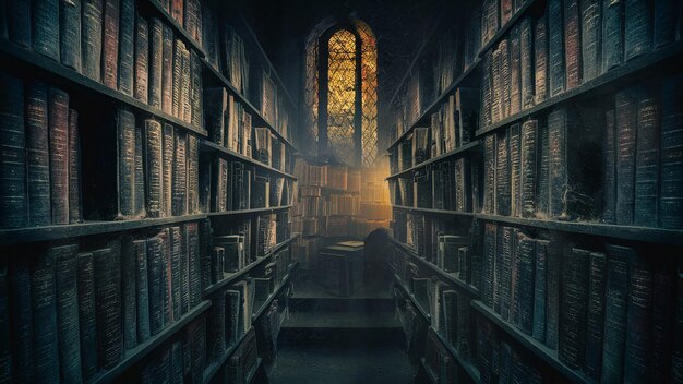 a bookcase with a stained glass window in the middle of it