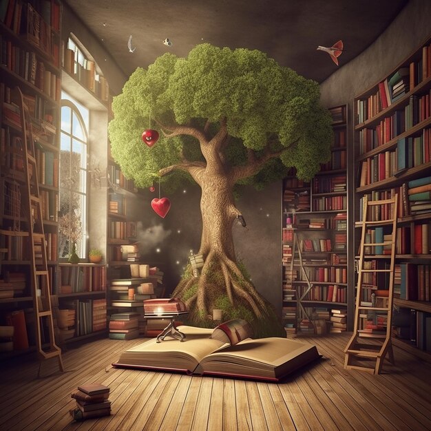 A bookcase with a tree in it with a heart on it