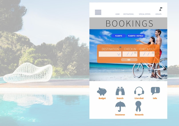 Photo bookings holiday break app interface with swimming pool