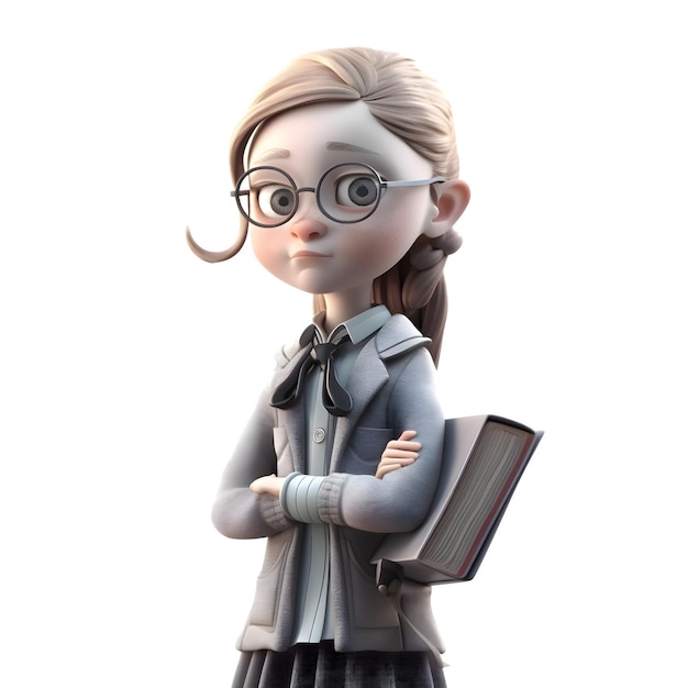 Bookish Babe 3D Cute Girl in Professor Character с книгой и очками, изолированными на белом фоне