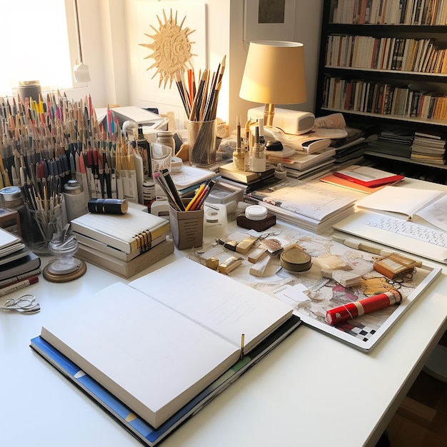 写真 白い机の上にある本とペン