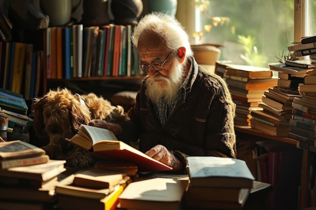 Foto i libri sono impilati l'uno sopra l'altro sul tavolo e il nonno con il cane che legge