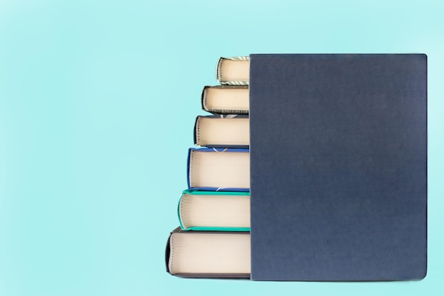 Books arranged in blue case