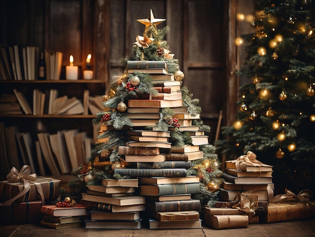 Books Arranged in the Shape of a Christmas Tree in cozy decorated room