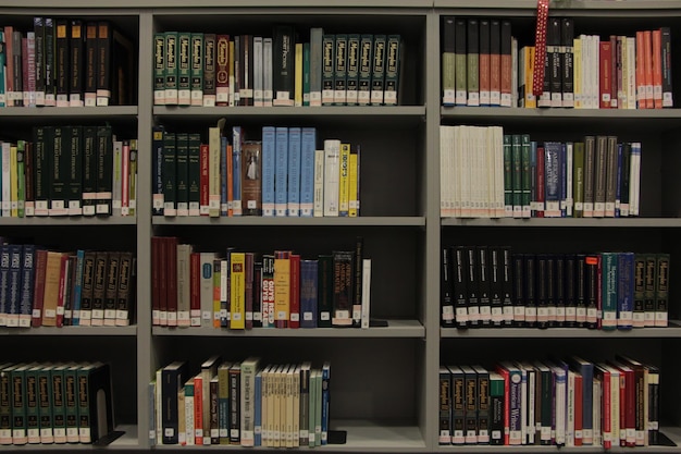 Photo books arranged in shelves at library