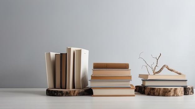 Books arrangement with copy space stack of books on table knowledge education background WORLD BOOK AND COPYRIGHT DAY