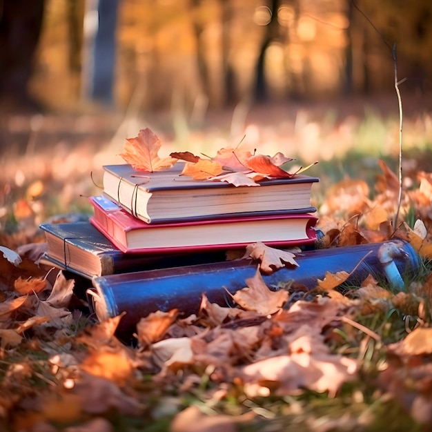 Books and autumn leaves