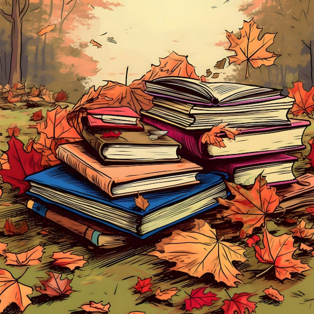 Books and autumn leaves