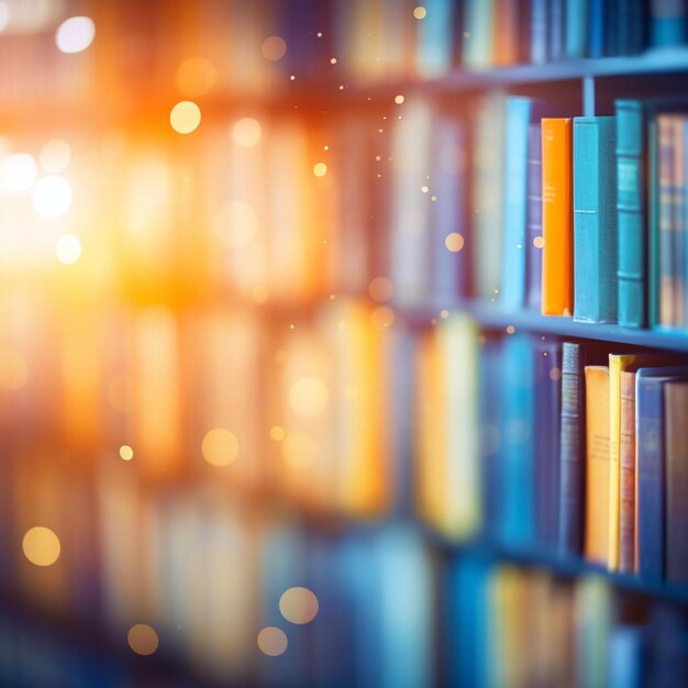 books on bookshelf in public library abstract blur defocused background