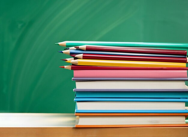 Photo books colorful pencils on a table green board background generative ai