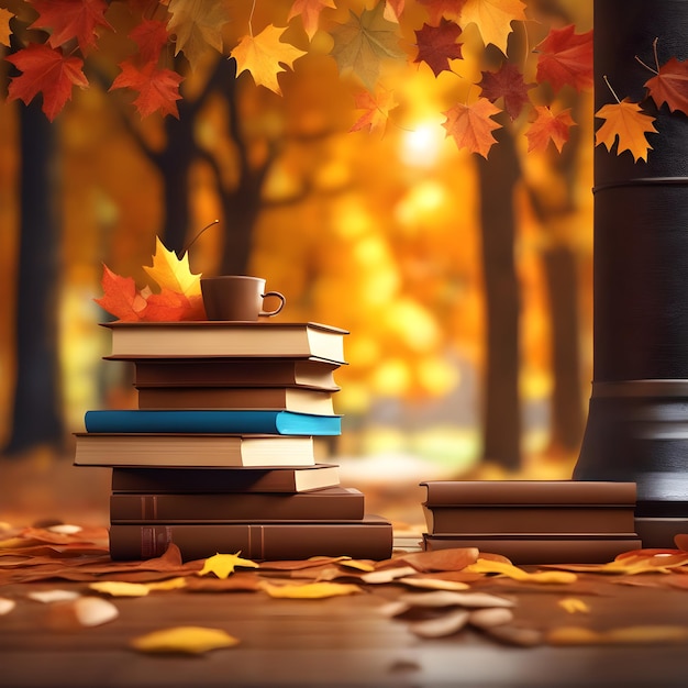 books and cup of coffee on autumn background