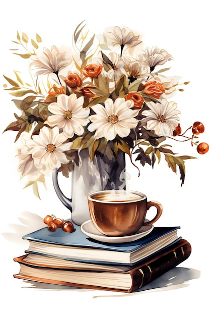 Books and Cup Coffee Illustration