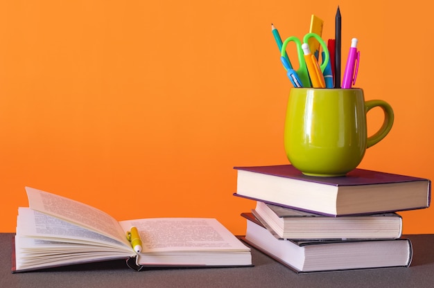 books on the desk, education concept, open book on desk in the library room