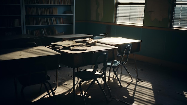 Photo books in empty classroom