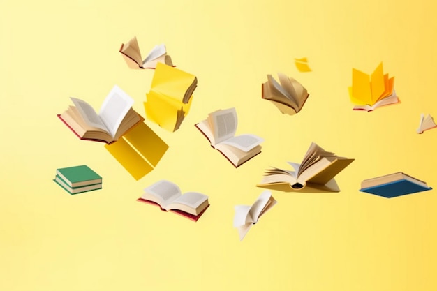 Books flying in the air with a yellow background