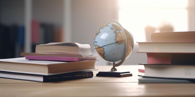 books and globe in library behind blurred table world books day