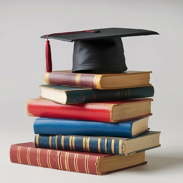 Books and Graduation Cap A composition of books stacked with a graduation cap on top