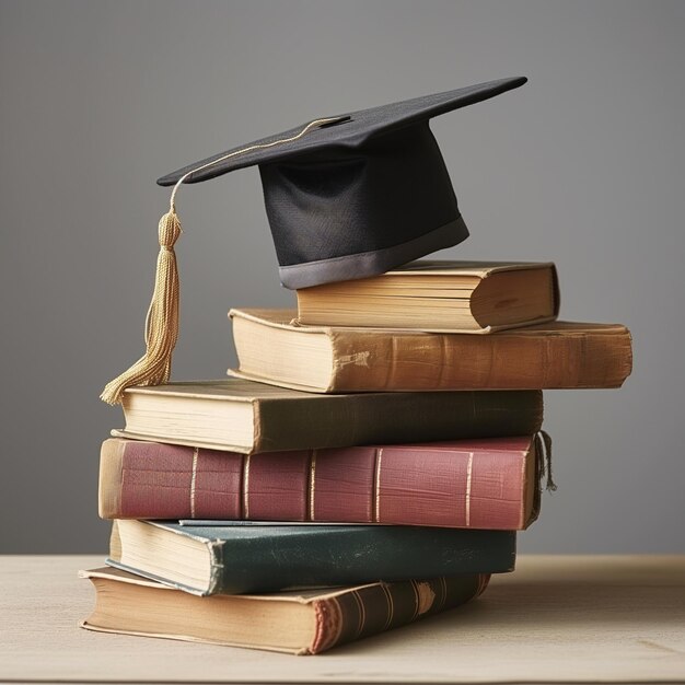 Books and Graduation Cap A composition of books stacked with a graduation cap on top