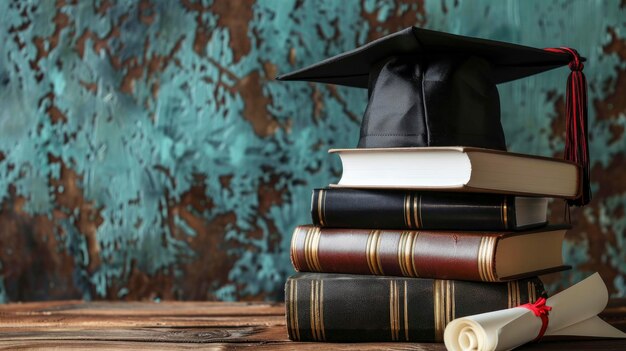 Photo books on a graduation cap